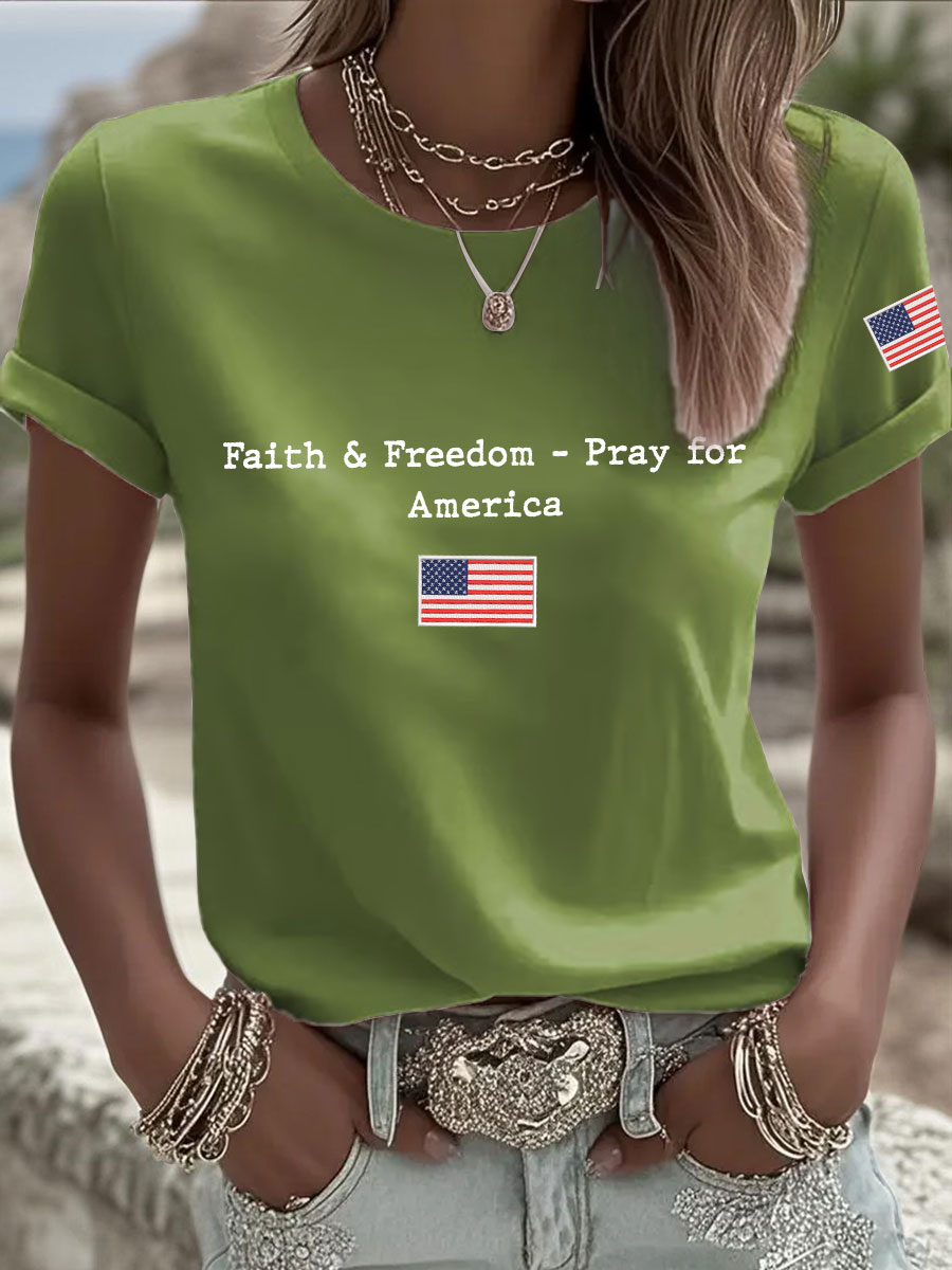 Women's Faith & Freedom Pray for America Printed Casual T-shirt-America250