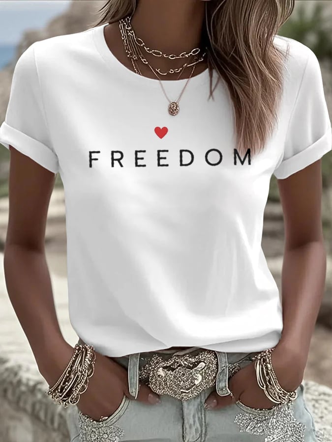 Women's Freedom American Flag Print Casual T-shirt-America250