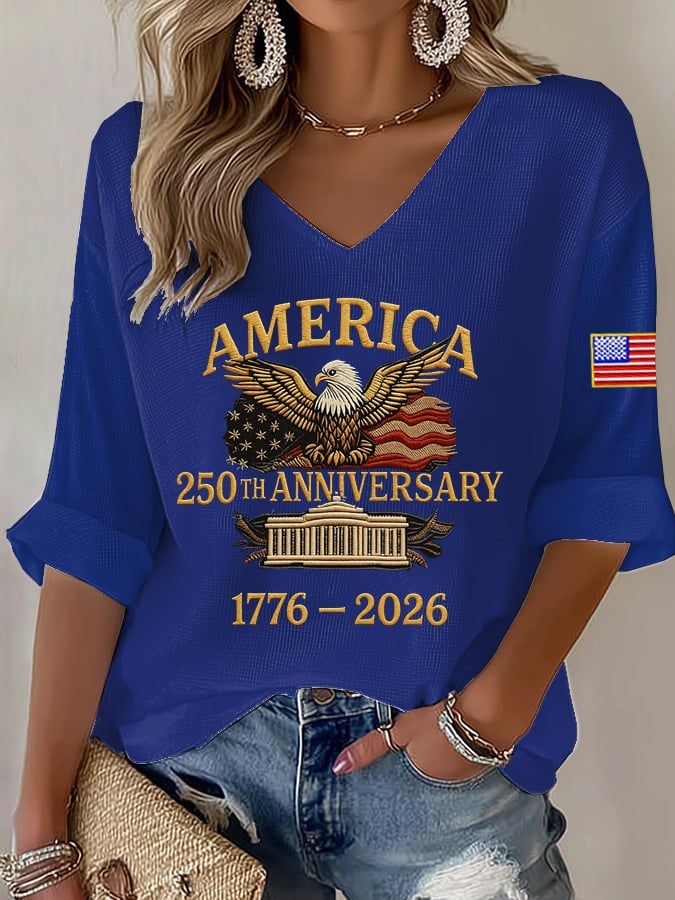 Women's Bald Eagle US Flag America 250th Birthday Print V-Neck Top-America250