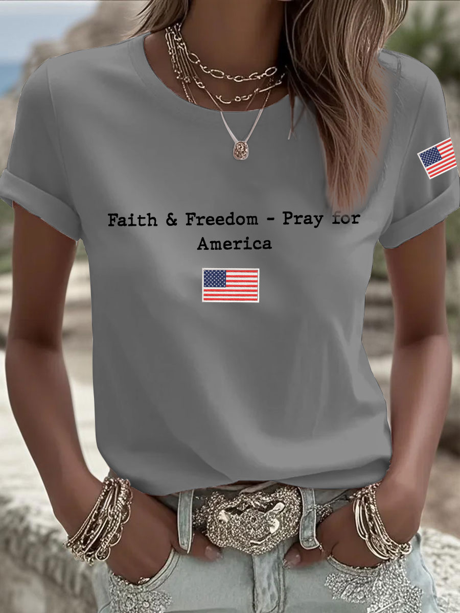 Women's Faith & Freedom Pray for America Printed Casual T-shirt-America250