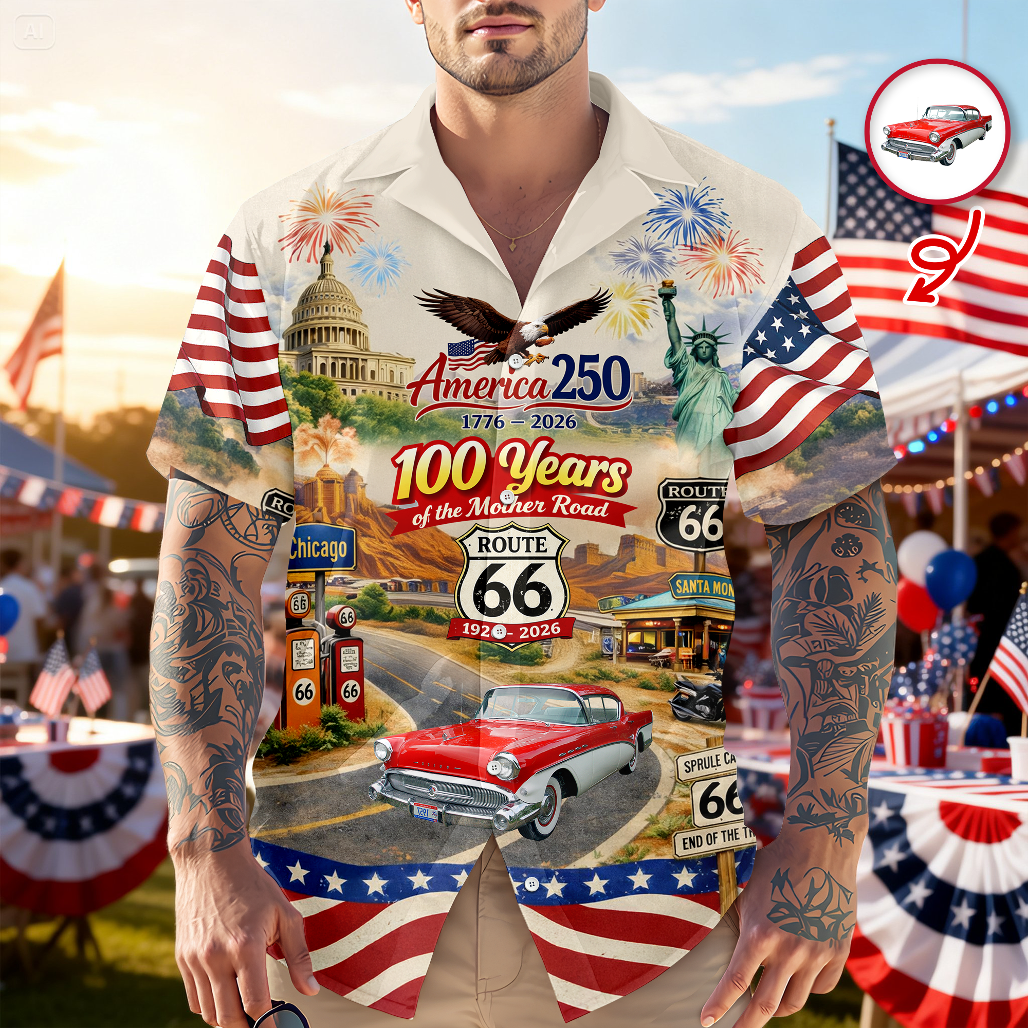 Celebrate 100 Years of Road Route 66 and America 250th Anniversary Custom Car Photo Hawaiian Shirt-America250