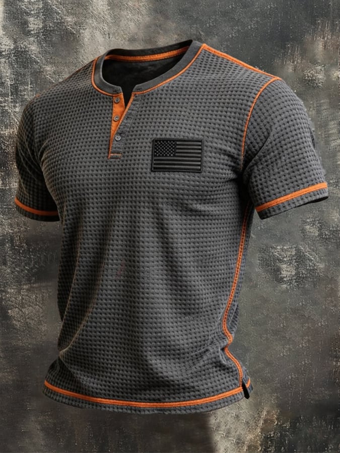 Men's Retro Color-block Waffle-Knit Henley T-Shirt-America250