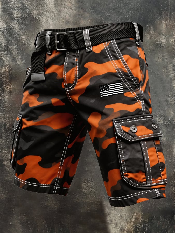 Men's Retro Camo Distressed Pocket Cargo Shorts (Belt Not Included)-America250