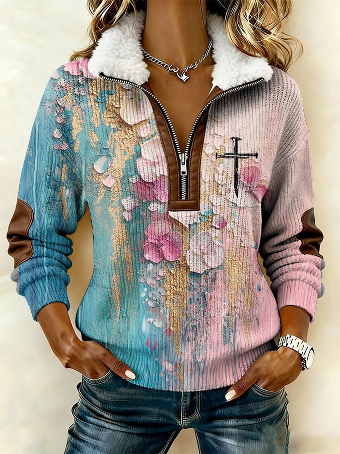 Women's Casual Retro Print Patchwork Fur Collar Long Sleeve Sweatshirt-America250