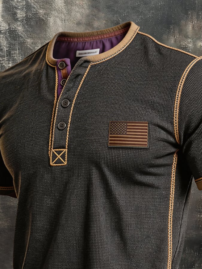 Men's Retro Color-block Waffle-Knit Henley T-Shirt-America250
