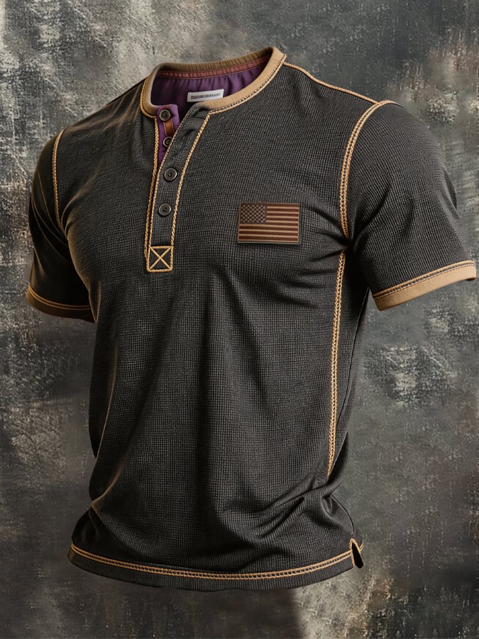 Men's Retro Color-block Waffle-Knit Henley T-Shirt-America250