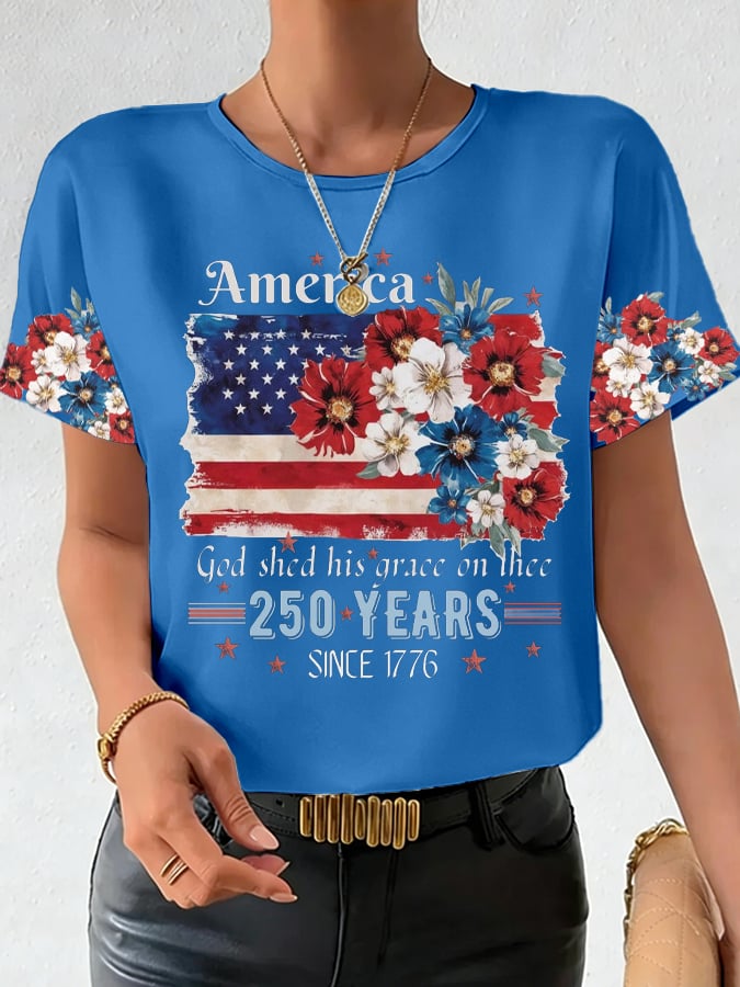 Women's 250th Anniversary National Flag Floral Print Casual T-Shirt-America250