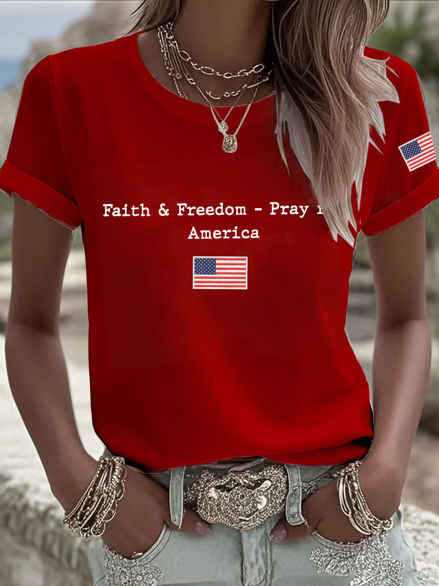 Women's Faith & Freedom Pray for America Printed Casual T-shirt-America250