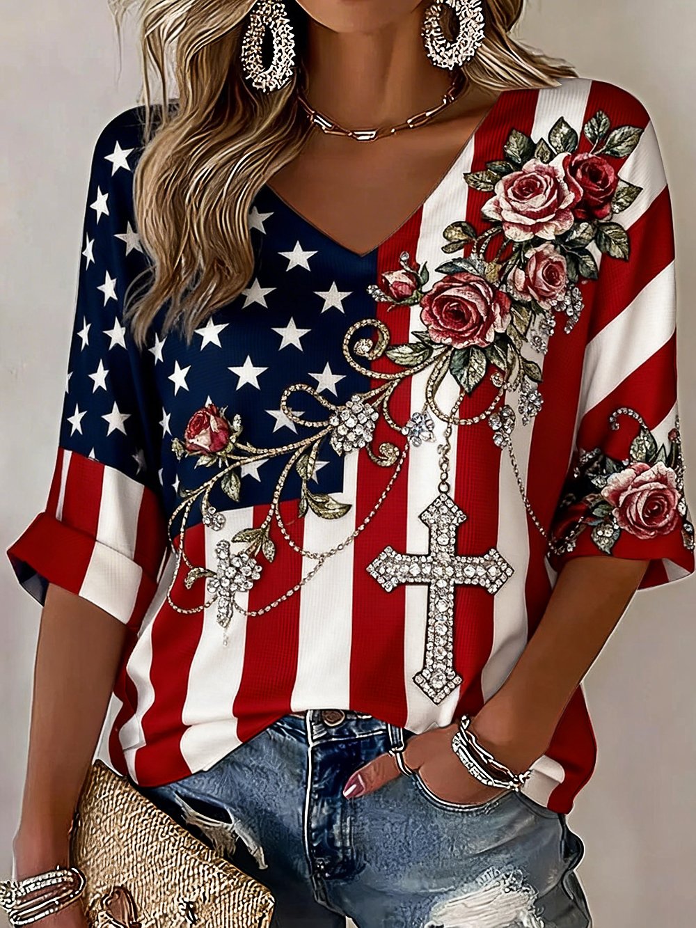 Women's U.S. 250th Anniversary Printed Waffle-Knit Short-Sleeve T-Shirt-America250