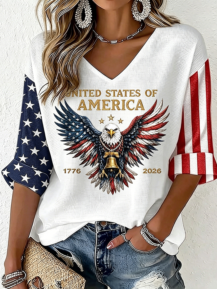 Women's Vintage Flag Art Three-quarter Sleeve V Neck Linen Tops-America250