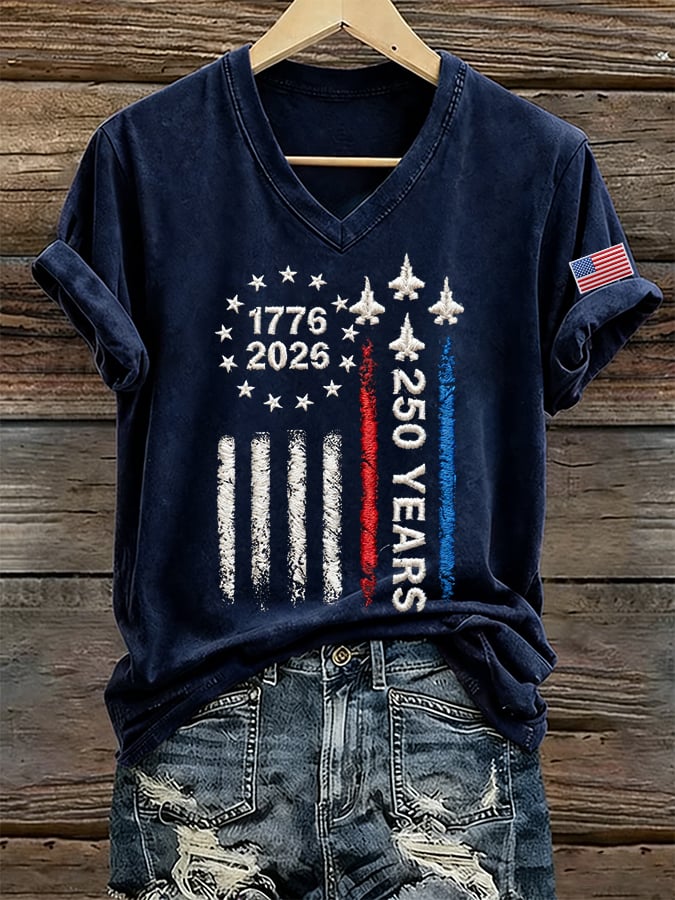Women's 250 Years Of Freedom Print V Neck T-shirt-America250