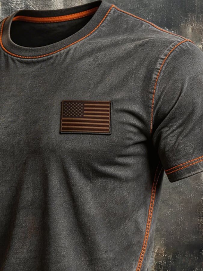 Men's Vintage-Style Washed Cotton T-Shirt with Contrast Stitching-America250