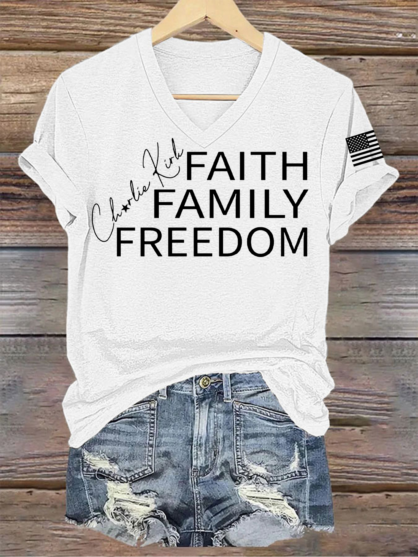 Women's C.K Printed V-neck T-shirt-America250