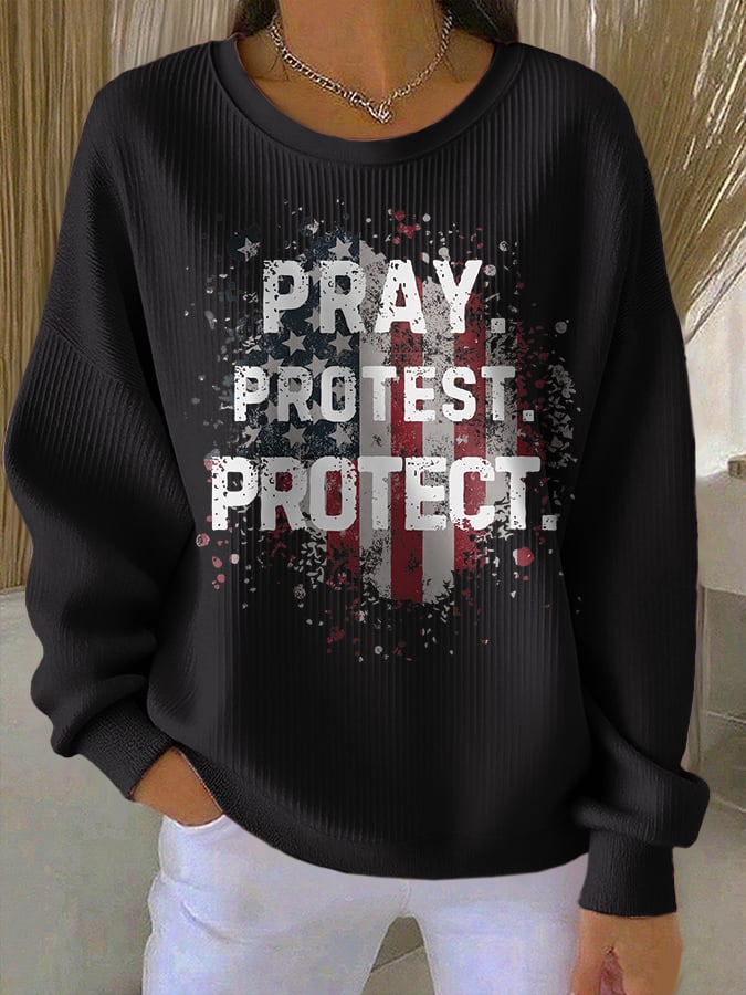 Retro Pray Protest Protect Print Round Neck Sweatshirt-America250