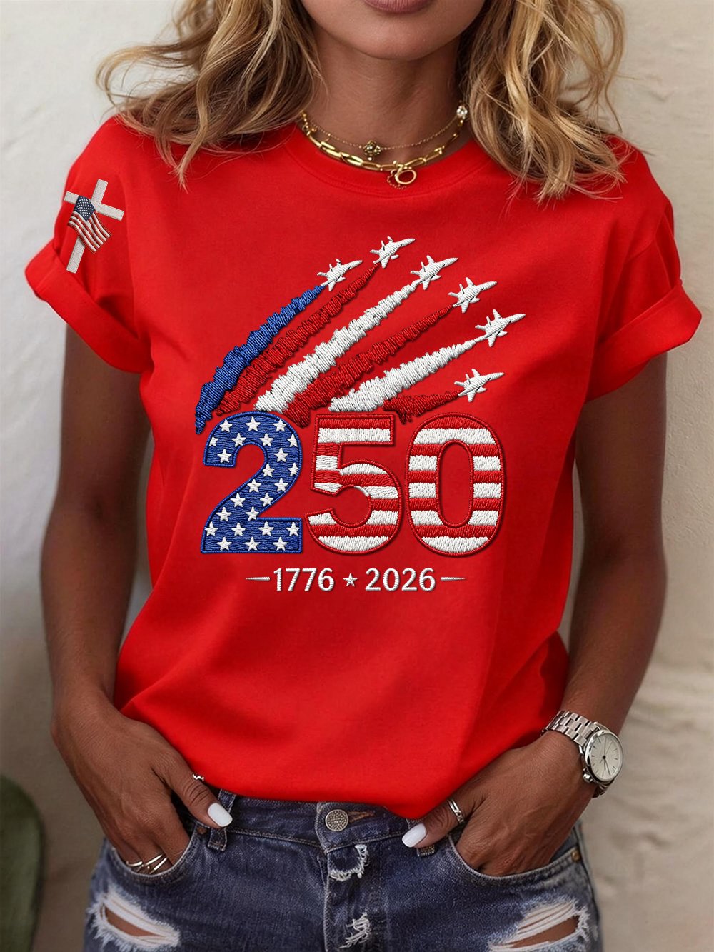 Women’s USA 250th Anniversary Embroidered Print Crew Neck Short Sleeve T-Shirt-America250