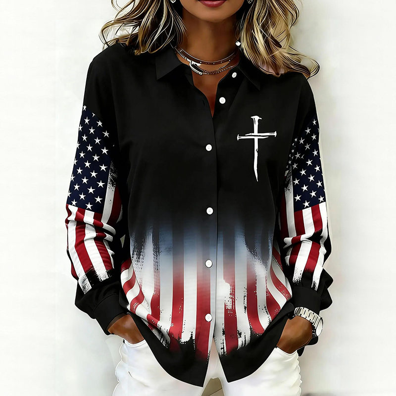 Women's casual collared shirt with cross print-America250