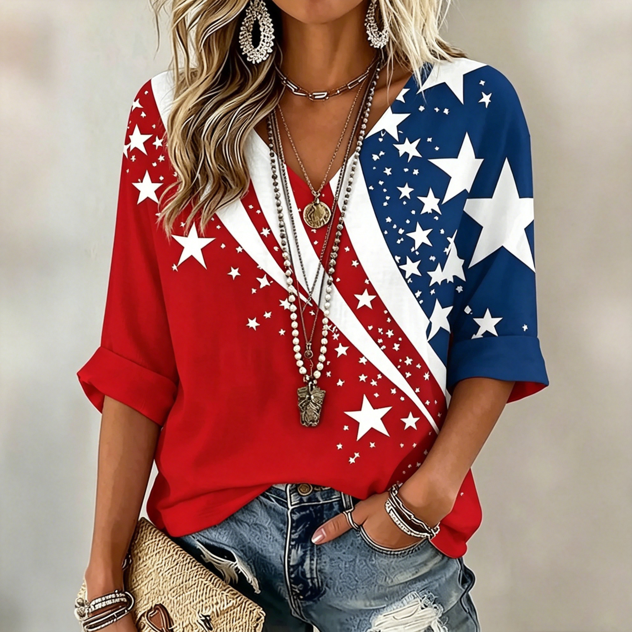 Women's  Flag Art Three-quarter Sleeve V Neck Linen Tops-America250