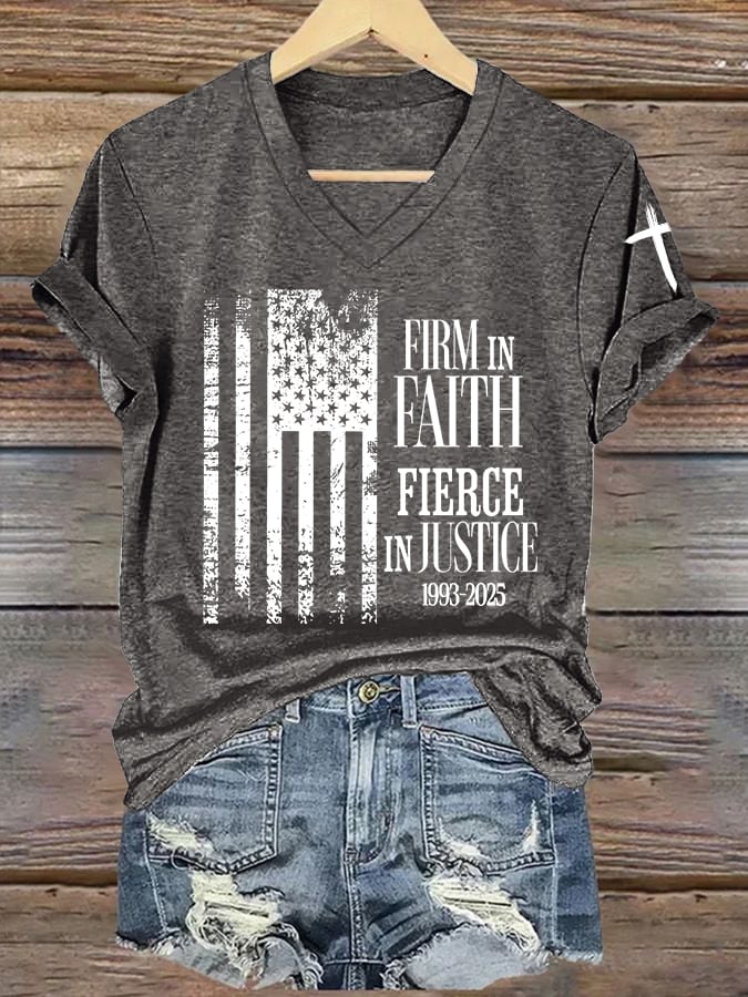 Women's Firm In Faith Fierce In Justice Print V Neck T-shirt-America250