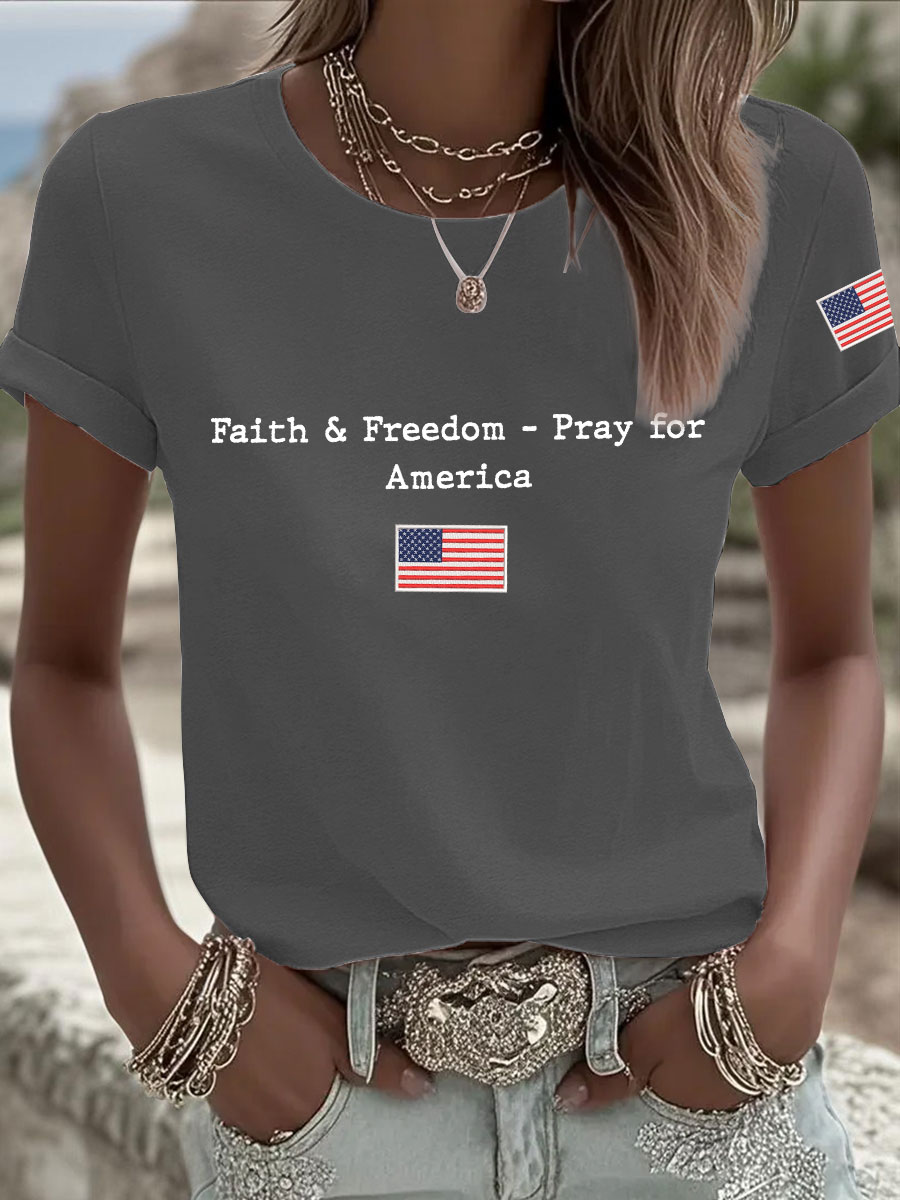 Women's Faith & Freedom Pray for America Printed Casual T-shirt-America250