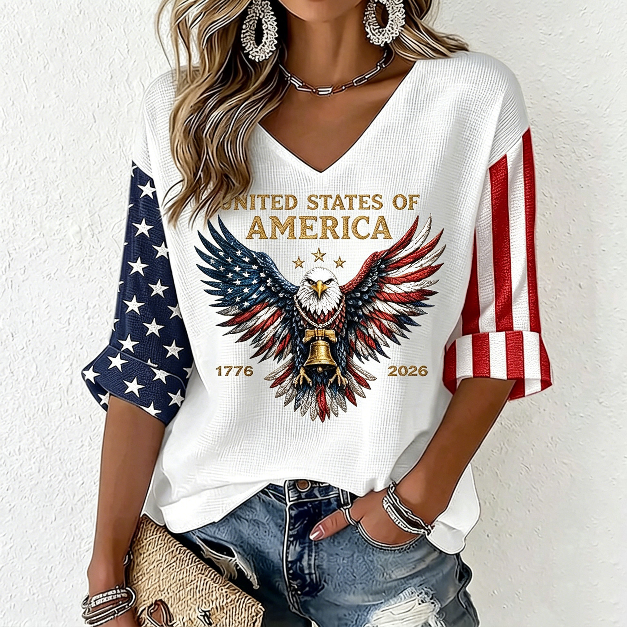 Women's Vintage Flag Art Three-quarter Sleeve V Neck Linen Tops-America250