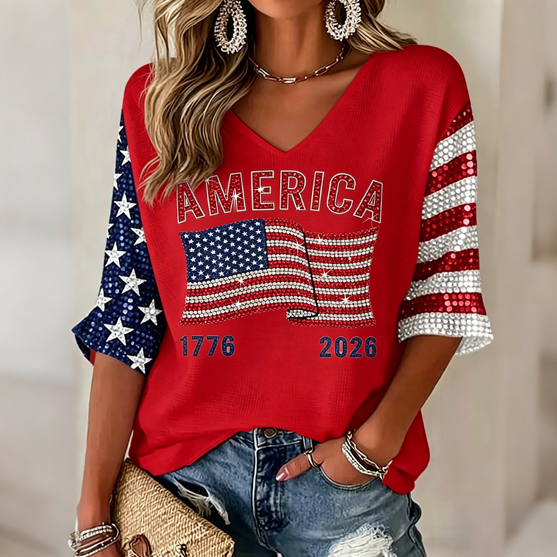 Women's Flag Art Three-quarter Sleeve V Neck Linen Tops-America250