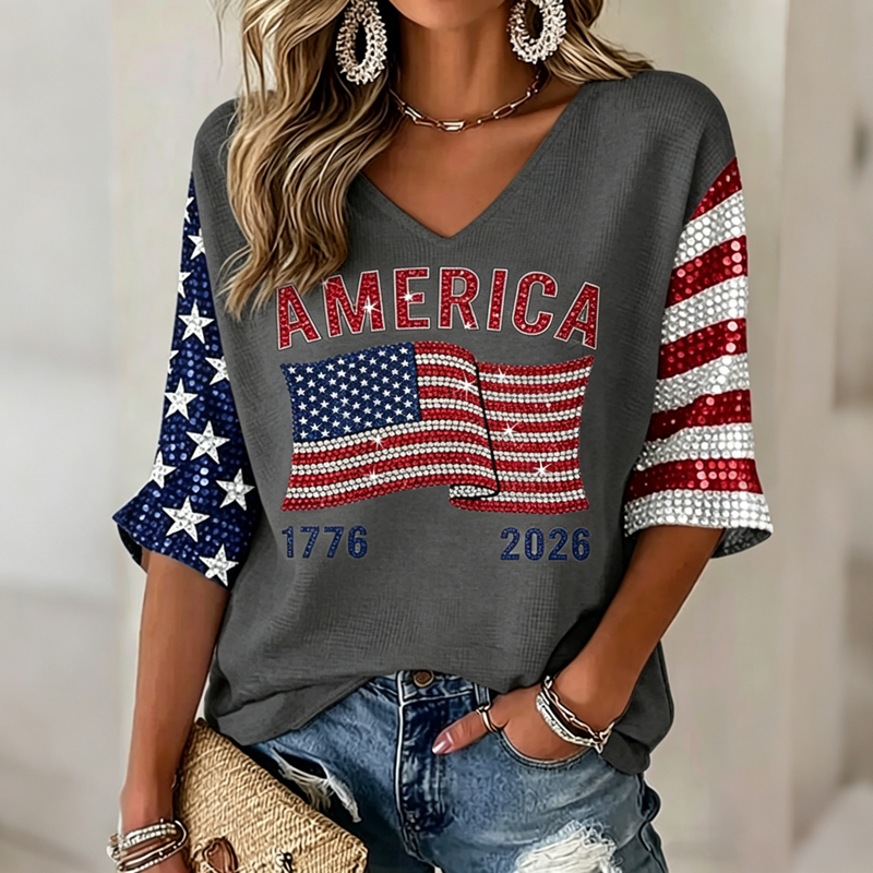 Women's Flag Art Three-quarter Sleeve V Neck Linen Tops-America250