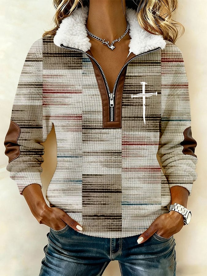 Women's Casual Retro Faith Print Patchwork Fur Collar Long-Sleeve Sweatshirt-America250