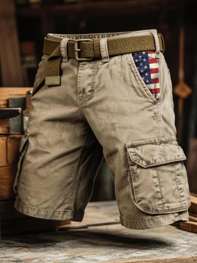 Men's Retro Outdoor Washed & Distressed Multi-Pocket Functional Cargo Shorts-America250