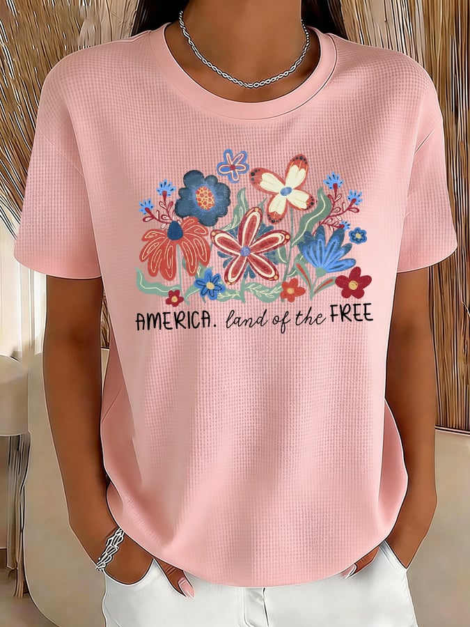 Women's Casual American Floral 250th Anniversary Waffle T-Shirt-America250