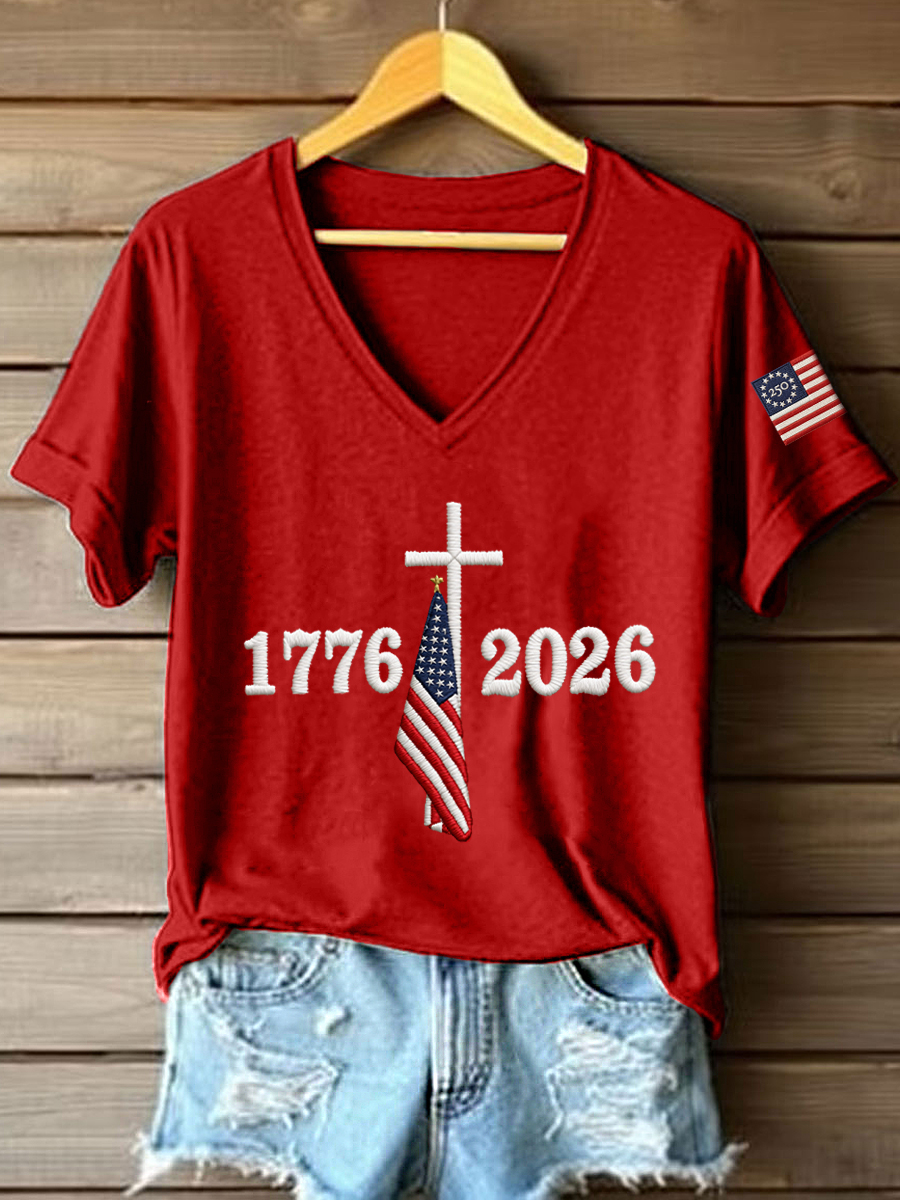 Women's 250th Anniversary Embroidered V-Neck T-Shirt-America250