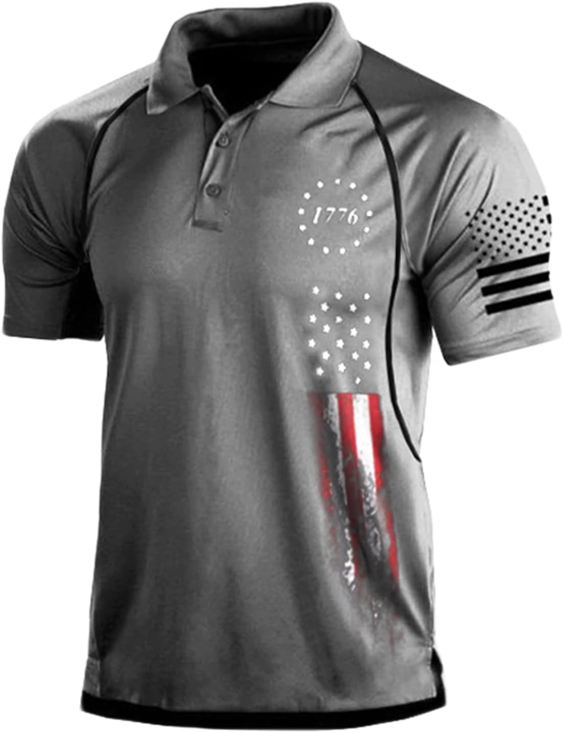 1776 Men's American Flag Short Sleeve Polo Golf Shirt (S-3XL) Grey-America250