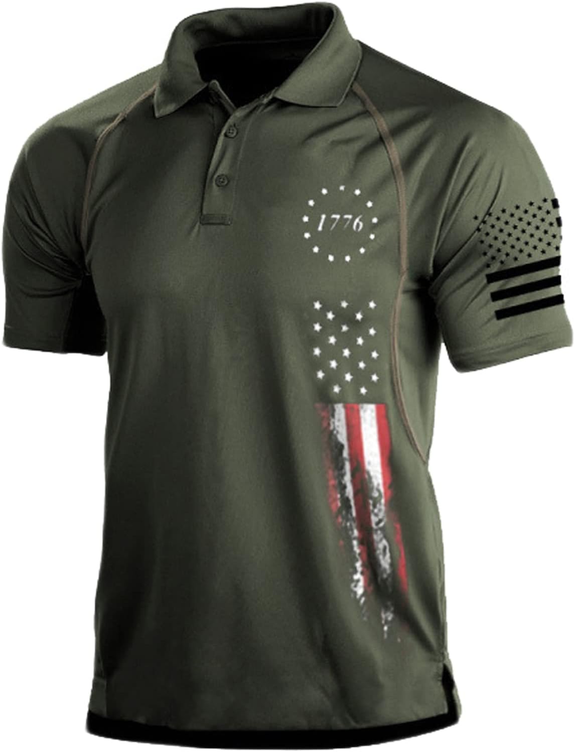 1776 Men's American Flag Short Sleeve Polo Golf Shirt (S-3XL) Armygreen-America250