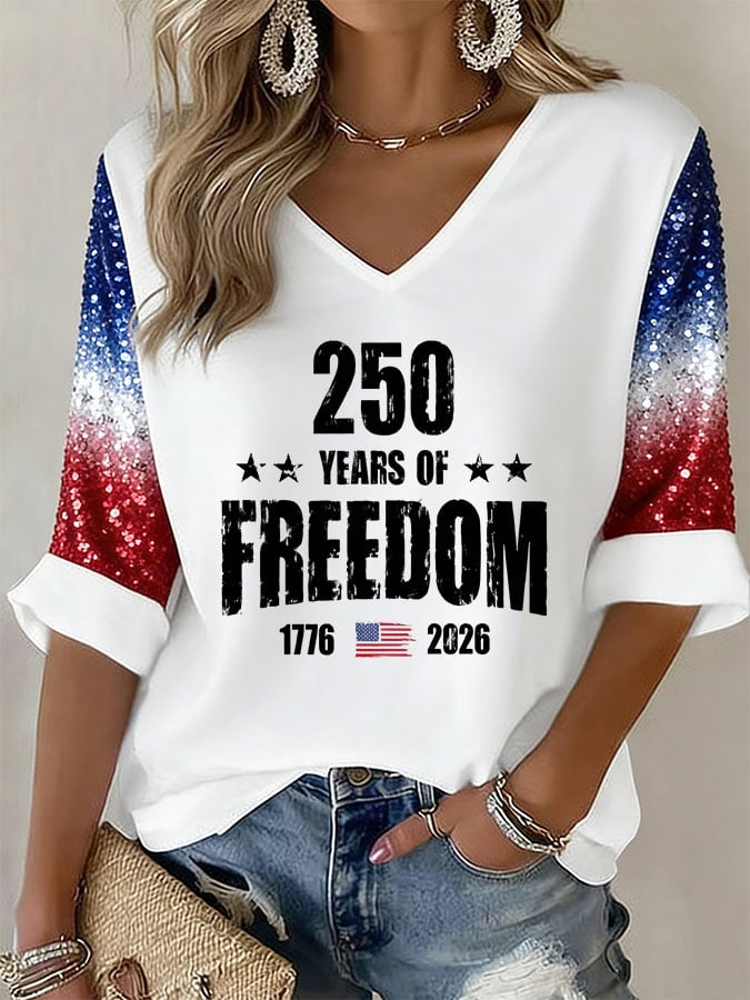 Women's 1776-2026 Anniversary Printed V-Neck Long-Sleeve T-Shirt-America250