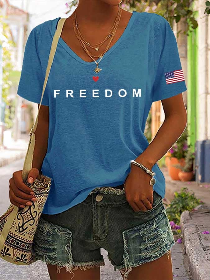 Women's freedom Print V-Neck T-Shirt-America250
