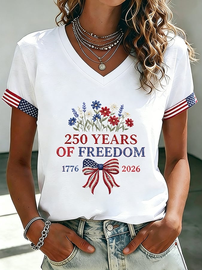 Women's 250 Years Of Freedom Flower Art Print V Neck T-shirt-America250