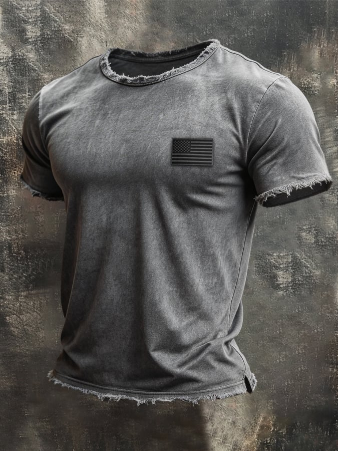 Men's Retro Style Loose Cuff 100% Cotton Washed and Faded T-Shirt-America250