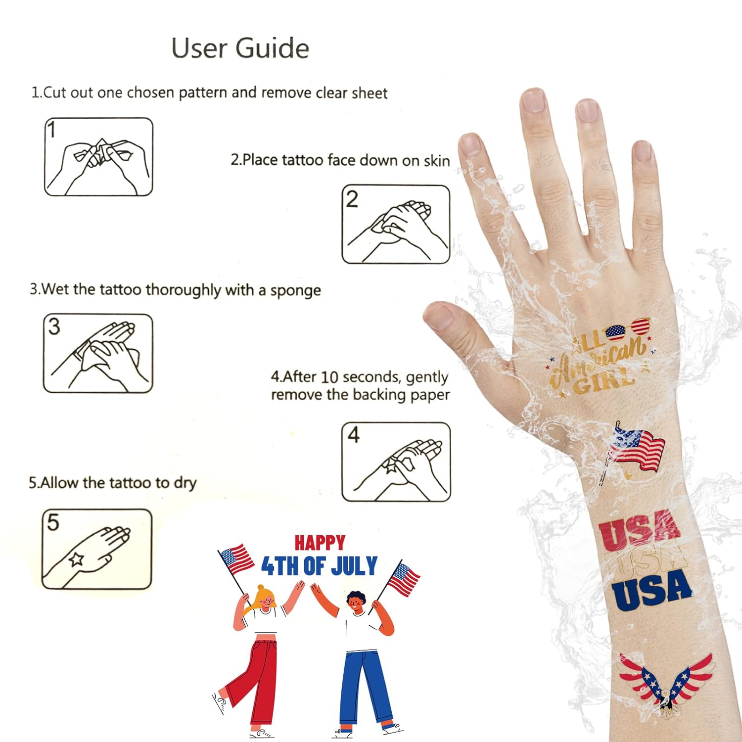 Fourth of July Temporary Tattoos 30 Styles America Glitter Tattoos, USA Flag-America250