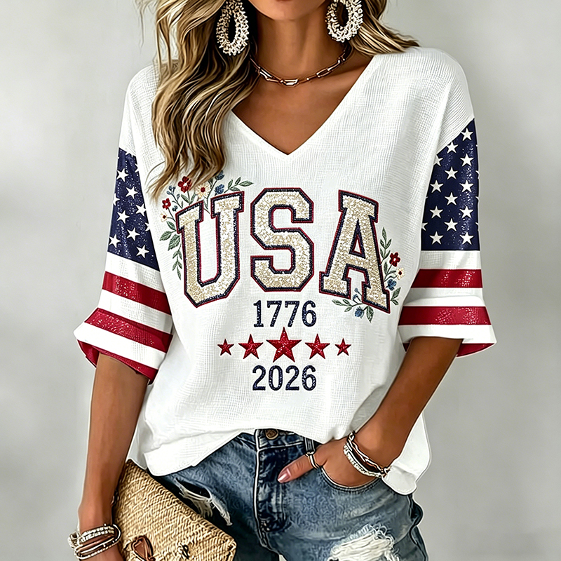 Women's Independence Day Art Three-quarter Sleeve V Neck Linen Tops-America250