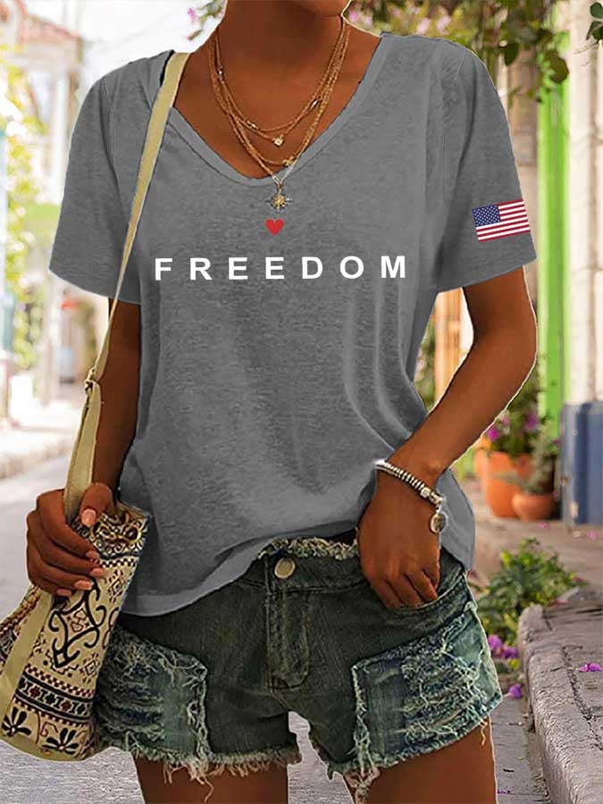 Women's freedom Print V-Neck T-Shirt-America250