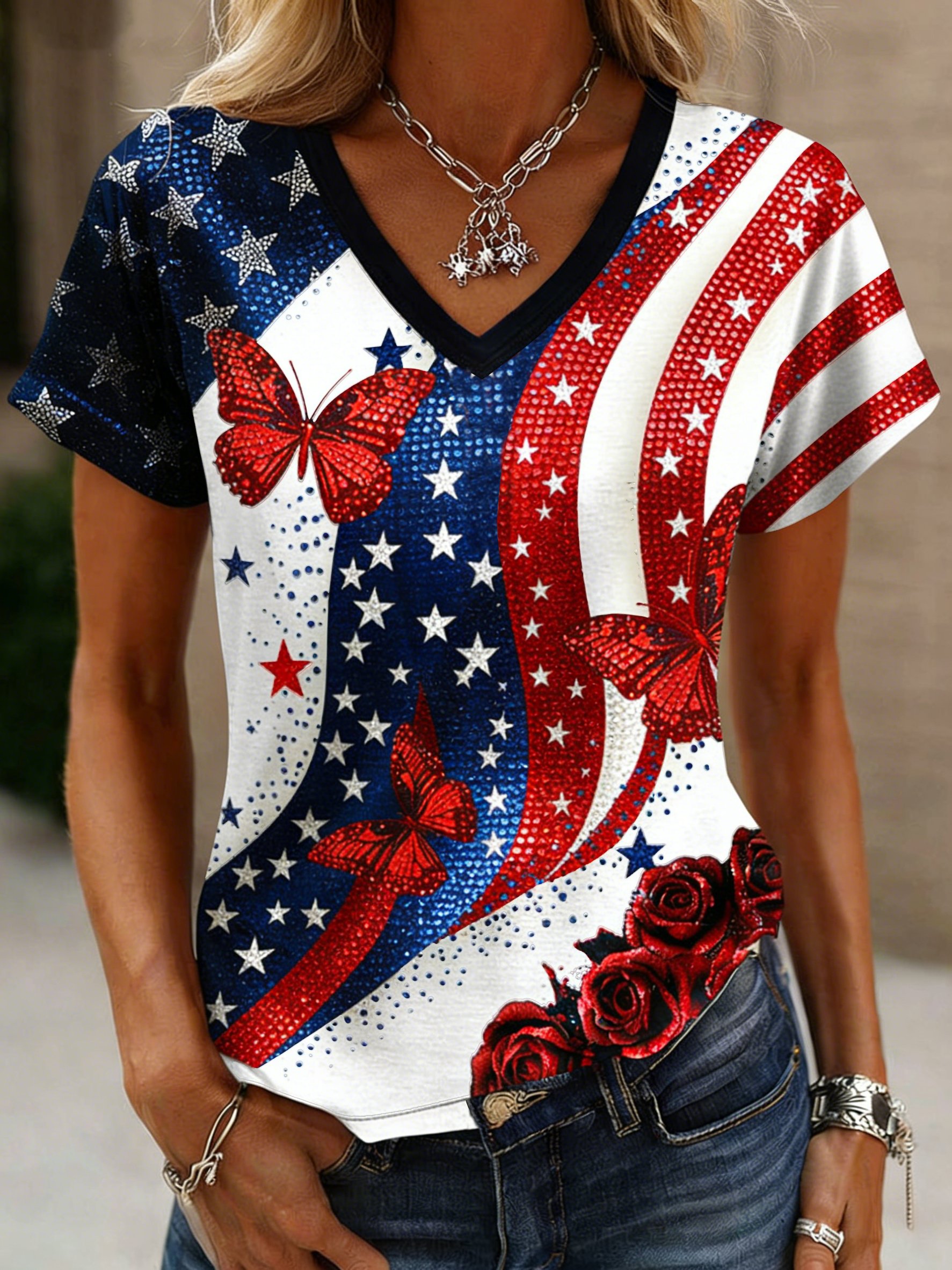 Women's American 250th Anniversary  Printed V-Neck Top-America250