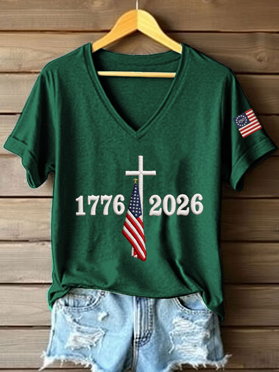 Women's 250th Anniversary Embroidered V-Neck T-Shirt-America250