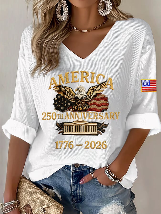 Women's Bald Eagle US Flag America 250th Birthday Print V-Neck Top-America250
