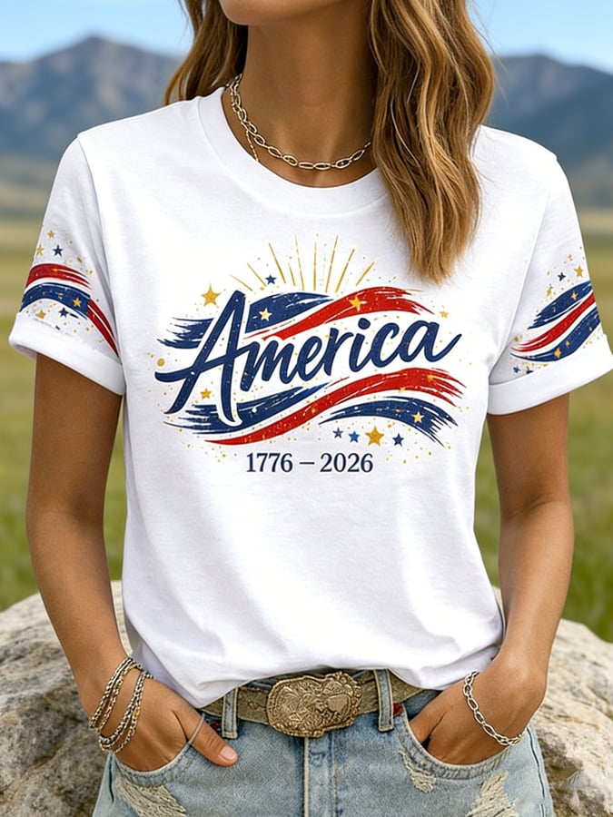 Women'S Casual Short-Sleeved T-Shirt With American 250th Anniversary Commemorative Print And Round Neckline.-America250