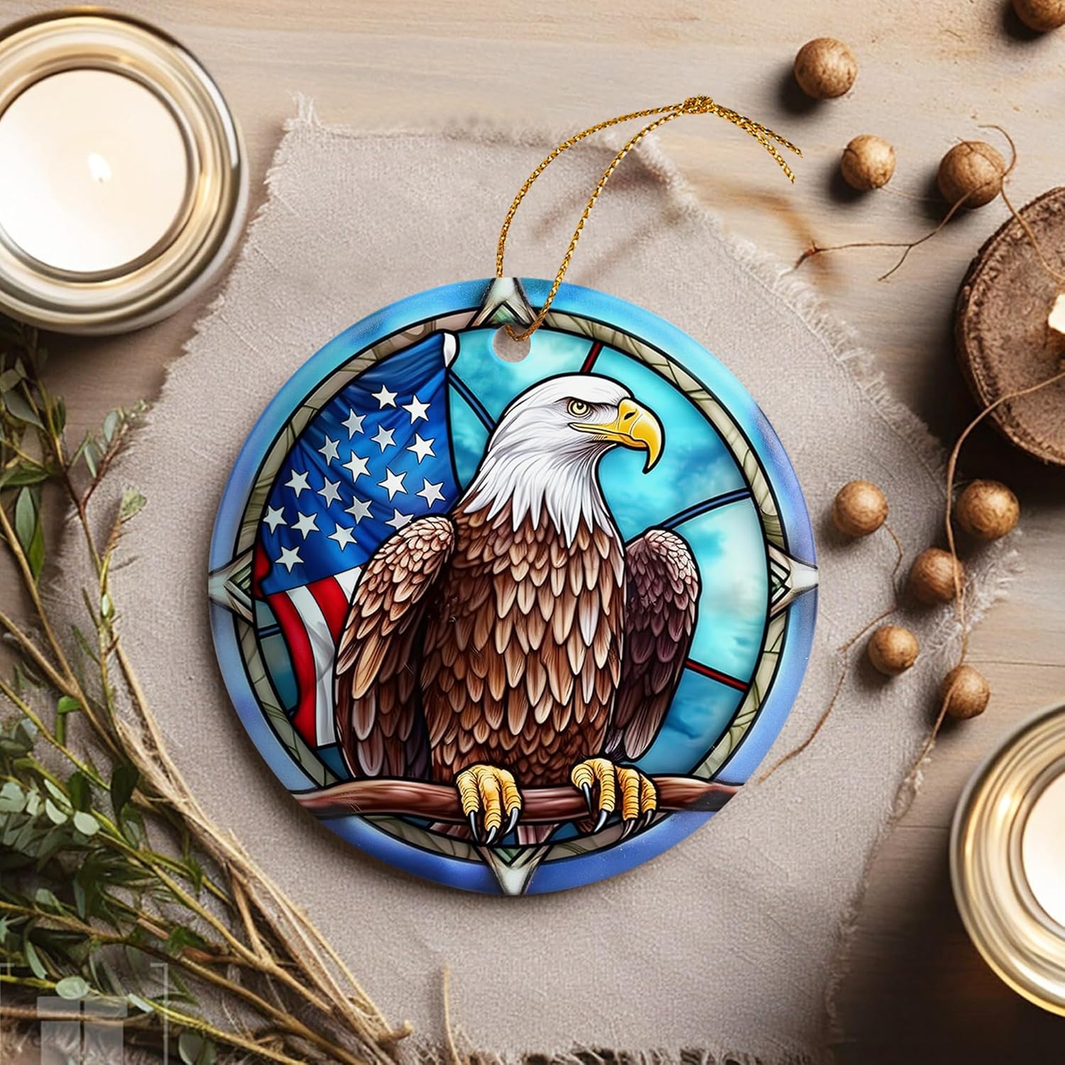 Bald Eagle Christmas Ornament w/ American Flag-America250