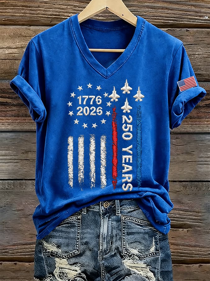 Women's 250 Years Of Freedom Print V Neck T-shirt-America250