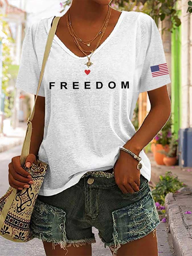 Women's freedom Print V-Neck T-Shirt-America250