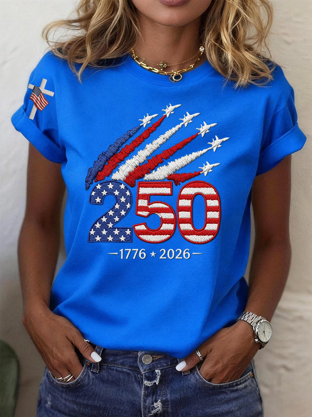 Women’s USA 250th Anniversary Embroidered Print Crew Neck Short Sleeve T-Shirt-America250
