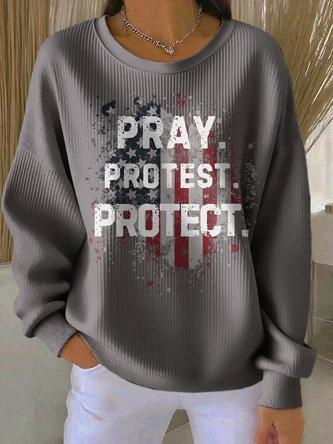 Retro Pray Protest Protect Print Round Neck Sweatshirt-America250