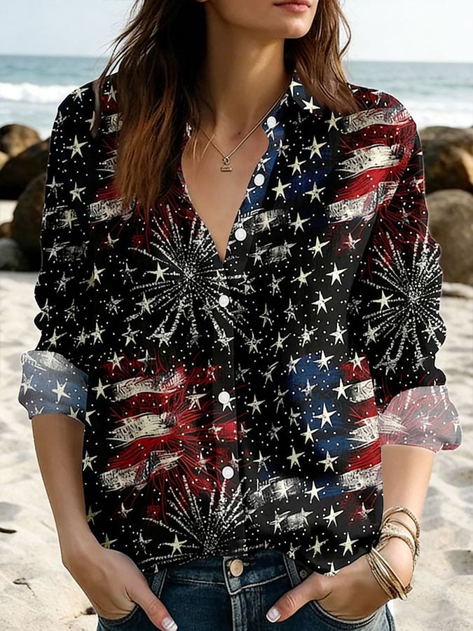 Women's Retro 250th Anniversary Print Casual Collared Shirt-America250