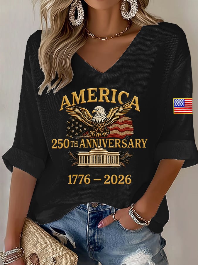 Women's Bald Eagle US Flag America 250th Birthday Print V-Neck Top-America250